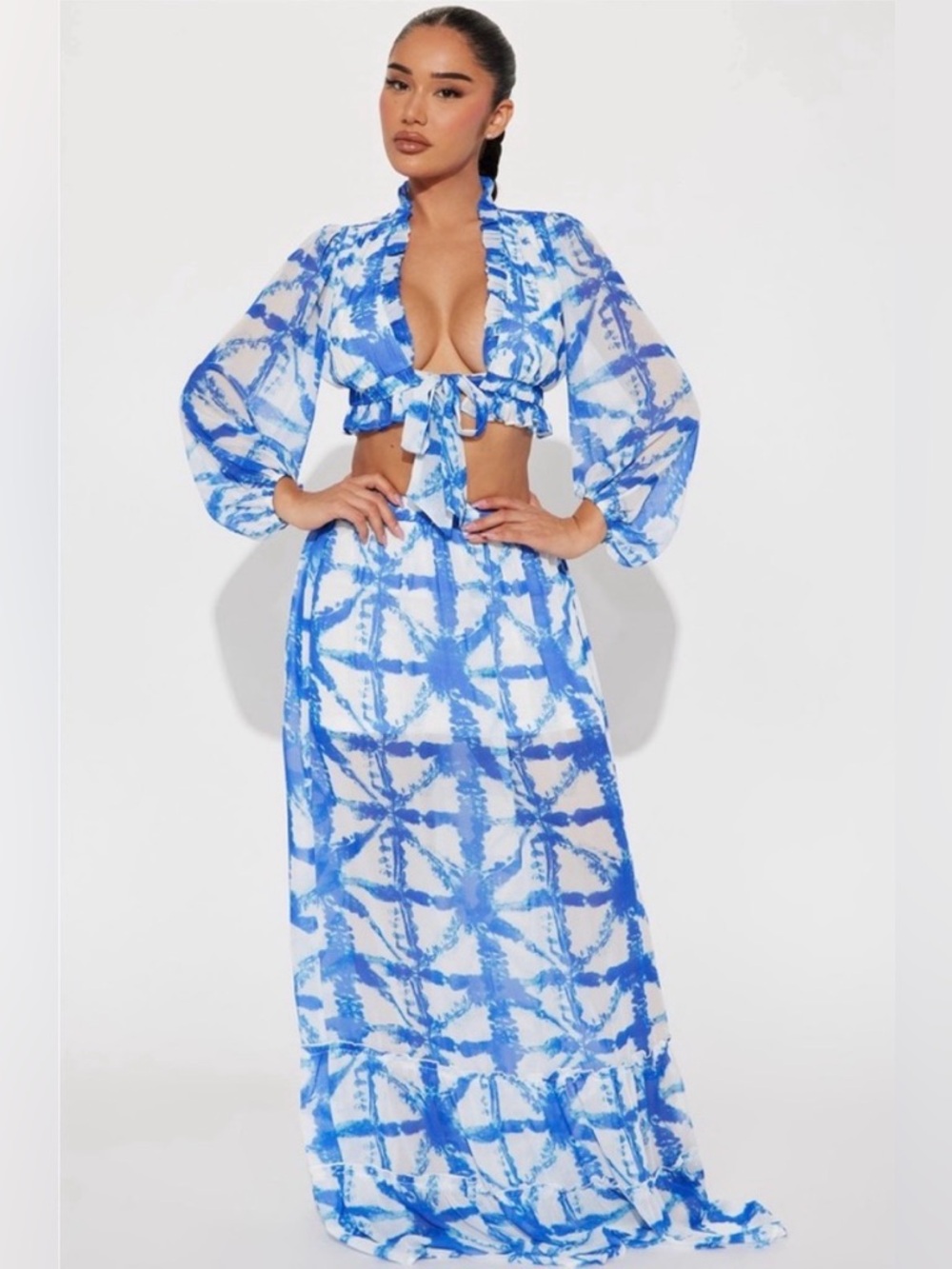 Fashion Nova Blue and White Tie-Dye Maxi Two-Piece Dress